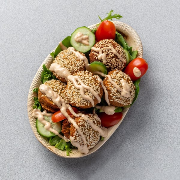 Falafel balls with sesame seeds, drizzled with sauce, served with lettuce, tomatoes, and cucumbers.