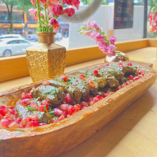 Grape leaves stuffed with rice and herbs, garnished with pomegranate seeds in a wooden dish.